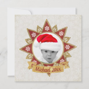 Red And Golden Luxury Circle Shape Frame Snowflake Holiday Card
