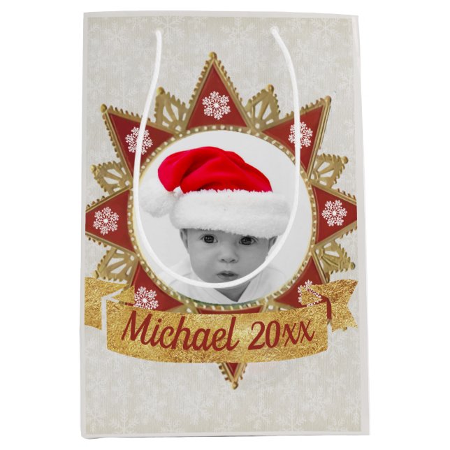 Red And Golden Luxury Circle Shape Frame Snowflake Medium Gift Bag (Front)