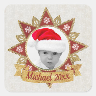Red And Golden Luxury Circle Shape Frame Snowflake Square Sticker