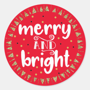 Red and Golden Merry & Bright Christmas Classic Round Sticker