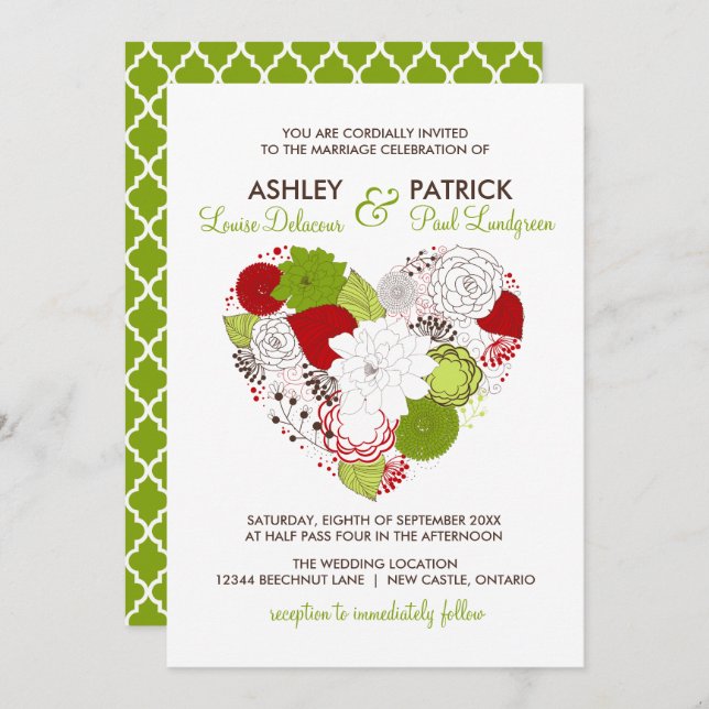 Red and Greed Floral Heart Whimsical Wedding Invitation (Front/Back)