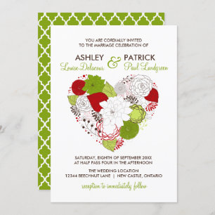 Red and Greed Floral Heart Whimsical Wedding Invitation