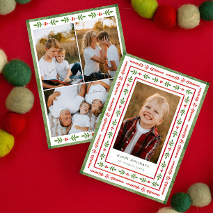 Red and Green 4 photo folk watercolor happy Holiday Card