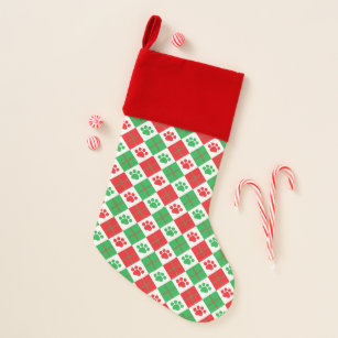 Red and Green Argyle Paw Print Christmas Stocking