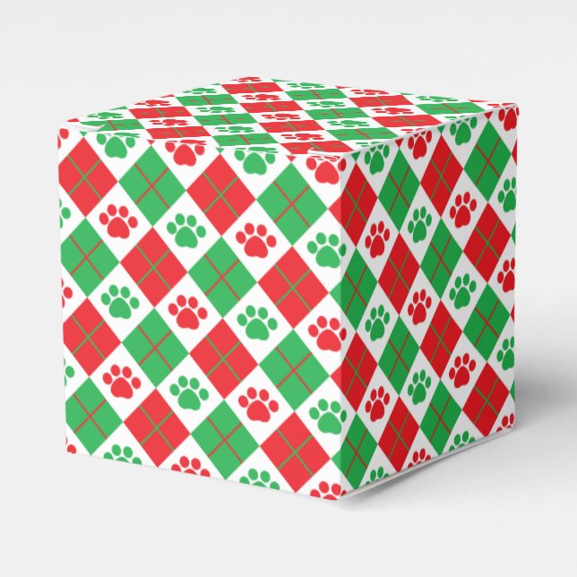 Red and Green Argyle Paw Print Favour Box (Front Side)