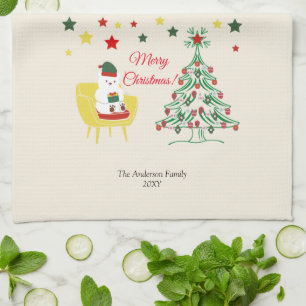 Red and Green Bear Tree Modern Merry Christmas Tea Towel