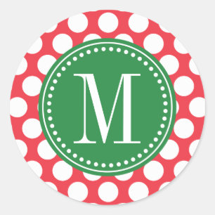 Red and Green   Big Polka Dots Monogrammed Classic Round Sticker