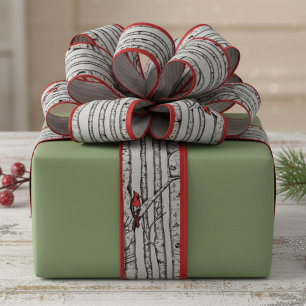 Red and Green Birch Trees and Red Cardinal Birds Grosgrain Ribbon
