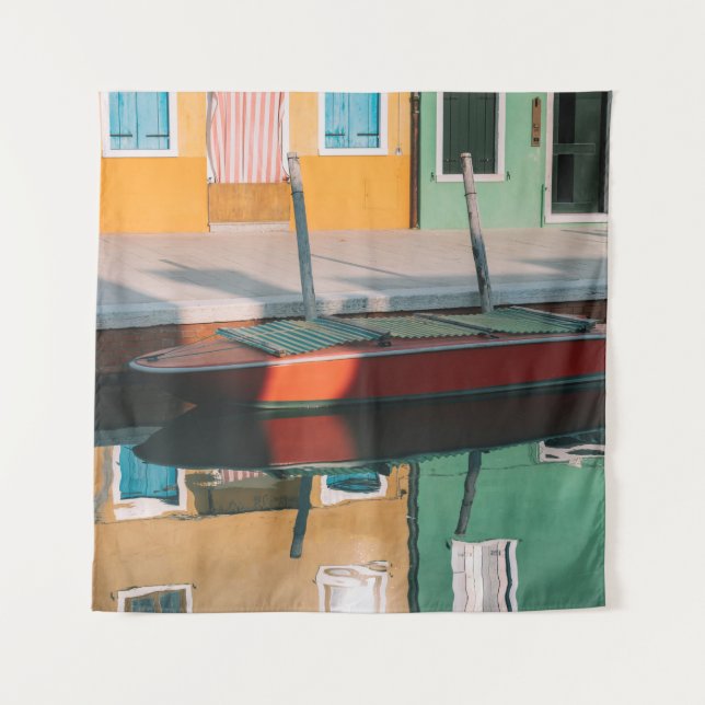 RED AND GREEN BOAT DOCKING ON DOCK TAPESTRY (Front)