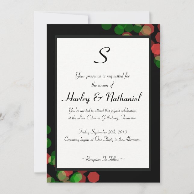 Red and Green Bokeh Monogrammed Invitation (Front)