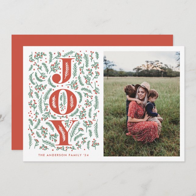 Red and green botanical JOY illustration photo Holiday Card (Front/Back)