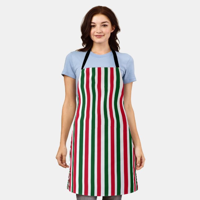 Red and Green Candy Cane Christmas Stripes  Apron (Worn)