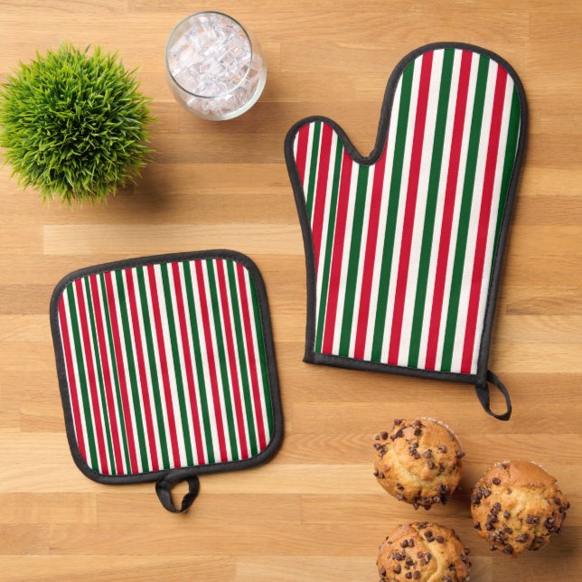 Red and Green Candy Cane Christmas Stripes  Oven Mitt & Pot Holder Set (Top Down)