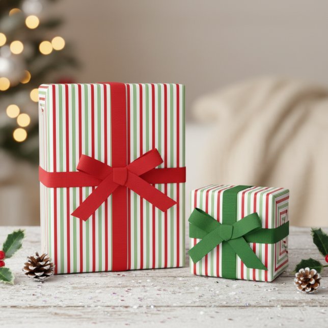 Red and Green Candy Cane Pinstripe Pattern Wrapping Paper (Cute Festive Red & Green Candy Cane Pinstripe Pattern. Thin Stripe Holiday Christmas Party Gift Wrap)