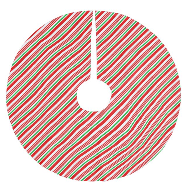Red and Green Candy Cane Striped Christmas Brushed Polyester Tree Skirt (Front)