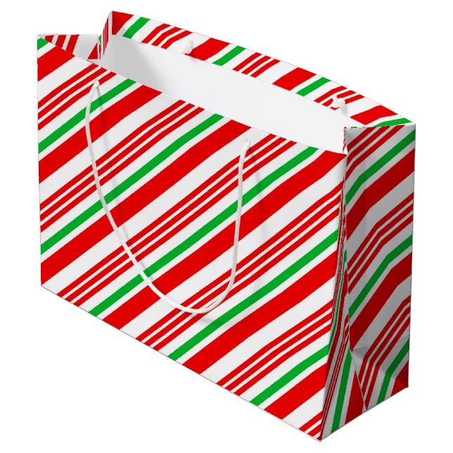 Red and Green Candy Cane Striped Christmas Large Gift Bag (Back Angled)