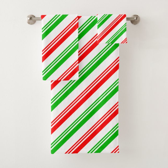 Red and Green Candy Cane Stripes Bath Towel Set (Insitu)
