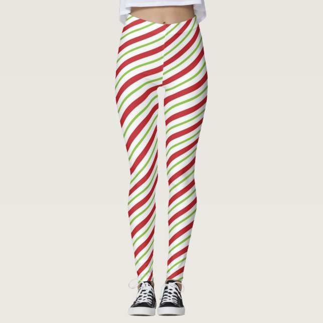 Red And Green Candy Cane Stripes Leggings (Front)