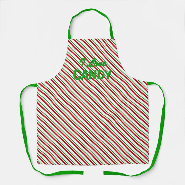 Red and Green Candy Stripes "I Love Candy"  Apron (Front)