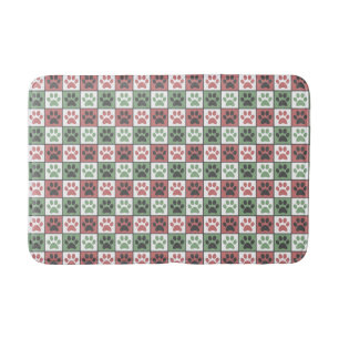 Red and Green Chequered Dog Paw Print Pattern   Bath Mat