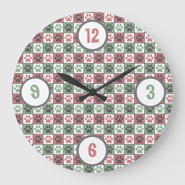 Red and Green Chequered Dog Paw Print Pattern   Large Clock (Front)