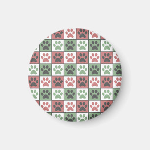 Red and Green Chequered Dog Paw Print Pattern  Magnet