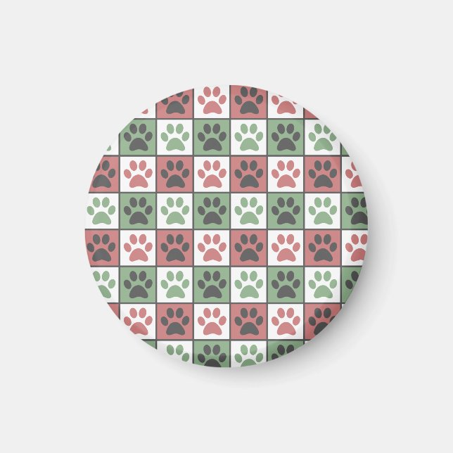 Red and Green Chequered Dog Paw Print Pattern  Magnet (Front)