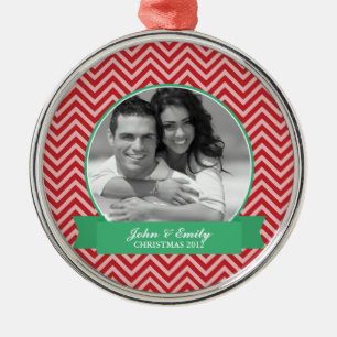 Red and Green Chevrons Pattern Christmas Photo Metal Tree Decoration