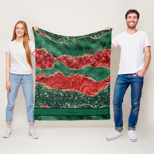 Red And Green Christmas Agate Name  Fleece Blanket (In Situ)