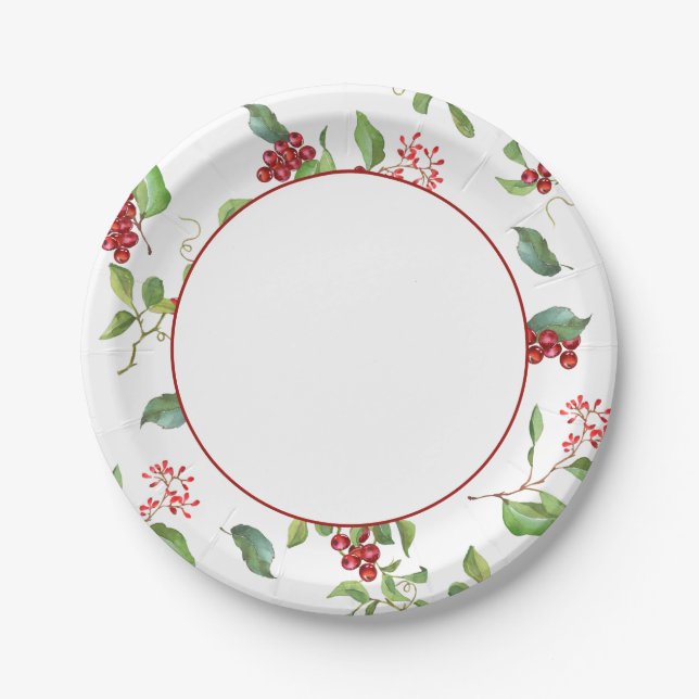 Red and Green Christmas Berries Paper Plates (Front)