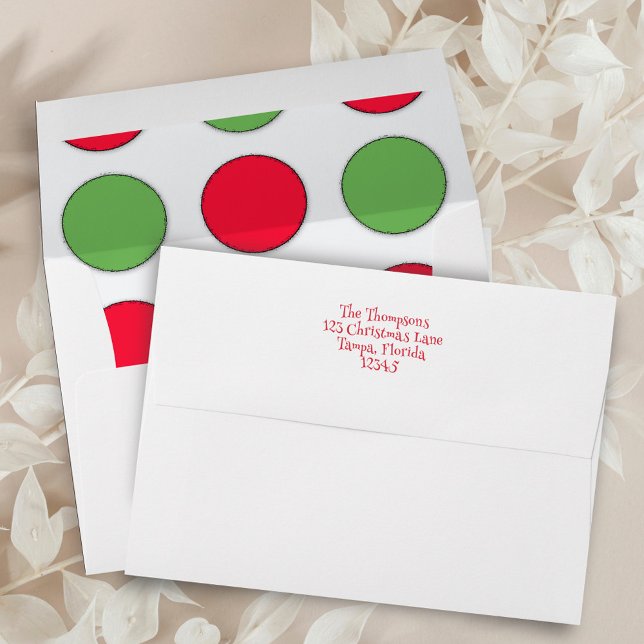 Red and Green Christmas Dots Return Address Envelope (Red and green big circle pattern whimsical holiday envelope. )