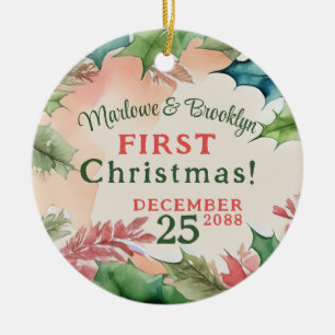 Red and Green Christmas Holiday Engagement Photo Ceramic Tree Decoration