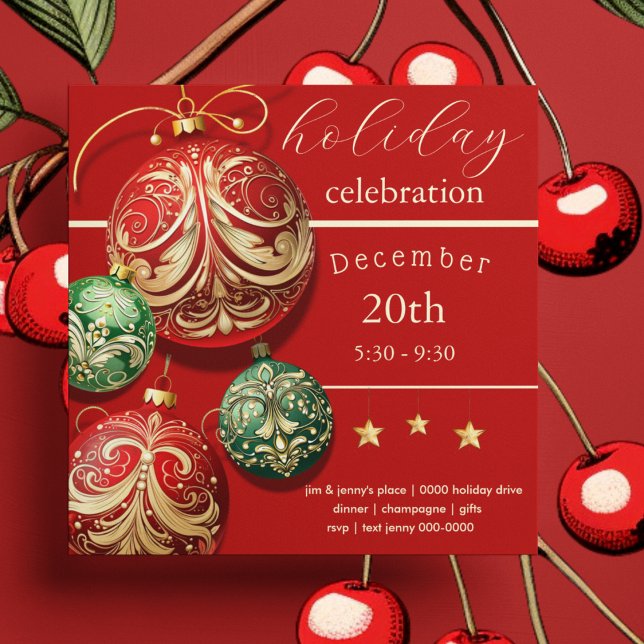 Red and Green Christmas Holiday Ornament Party Invitation (Red and green Christmas ornament Holdiay party and celebration invitation)