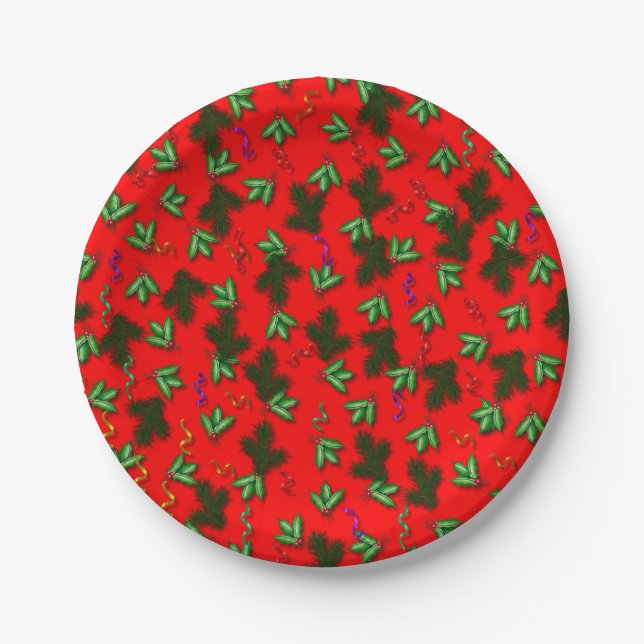 Red and Green Christmas Holly Pattern Plate (Front)