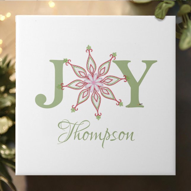 Red and Green Christmas Joy Personalised Tile (Christmas Joy custom ceramic tile.)
