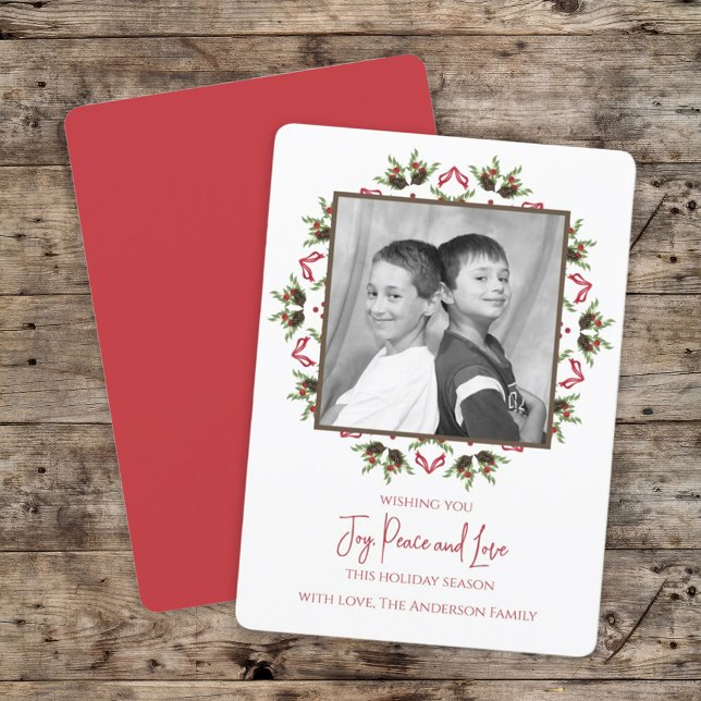 Red and Green Christmas One Photo Simple Invitation (Holiday Peace, Joy and Love photo card)