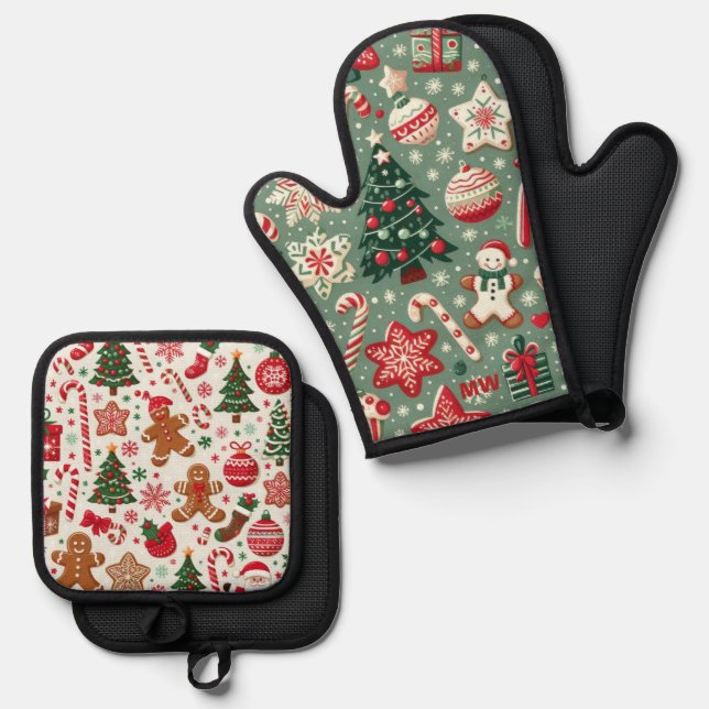 Red and Green Christmas Pattern Oven Mitt & Pot Holder Set (Front/Back)