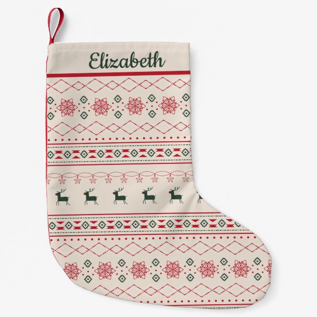 Red And Green Christmas Pattern Personalised Name Small Christmas Stocking (Front)
