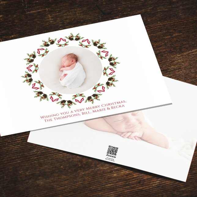 Red and Green Christmas Photo Wreath Holiday Card (Christmas holiday greenery and pine cones wreath mandala design two photo card. )