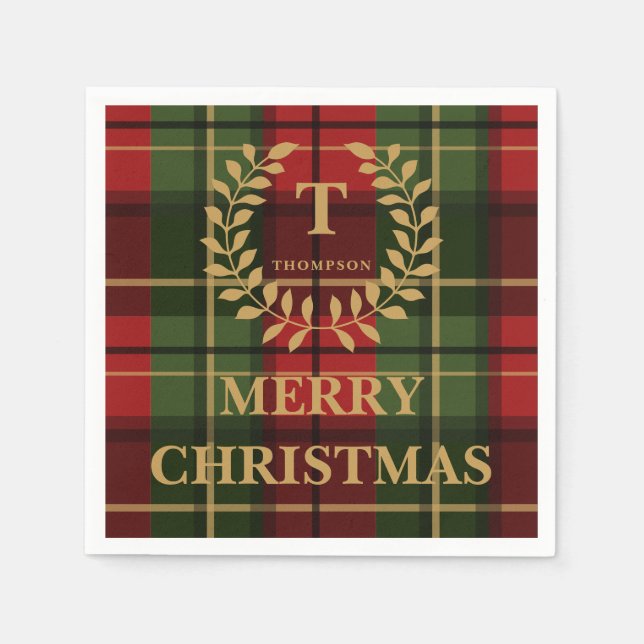 Red And Green Christmas Plaid Custom Monogram Napkin (Front)