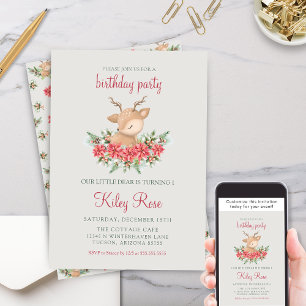 Red and Green Christmas Poinsettia Deer Birthday Invitation