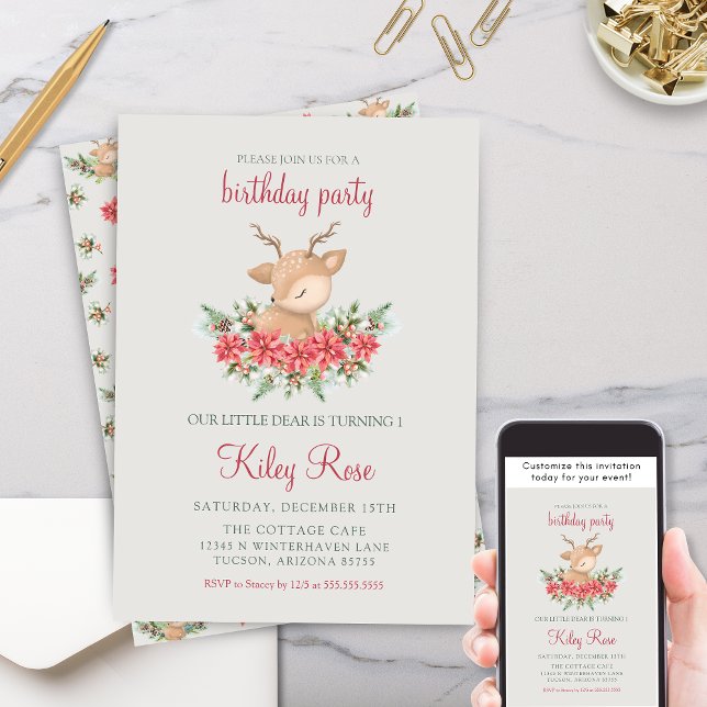 Red and Green Christmas Poinsettia Deer Birthday Invitation (Festive red and green little dear wonderland Christmas birthday party invitation for boy or girl)