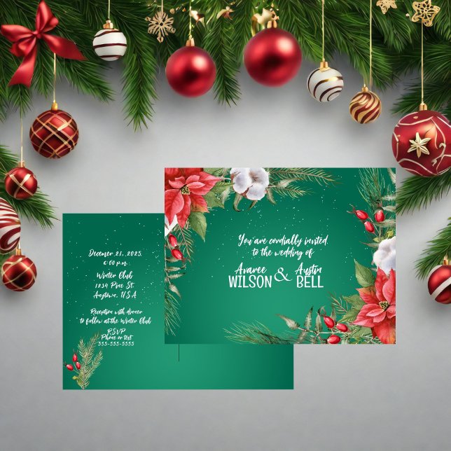 Red and Green Christmas Poinsettia Wedding Invitation Postcard (Creator Uploaded)