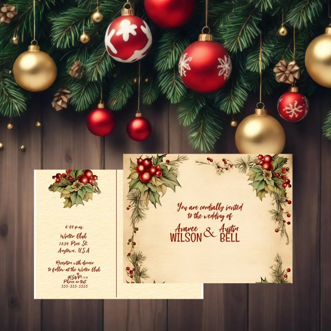 Red and Green Christmas Poinsettia Wedding Invitation Postcard (Creator Uploaded)