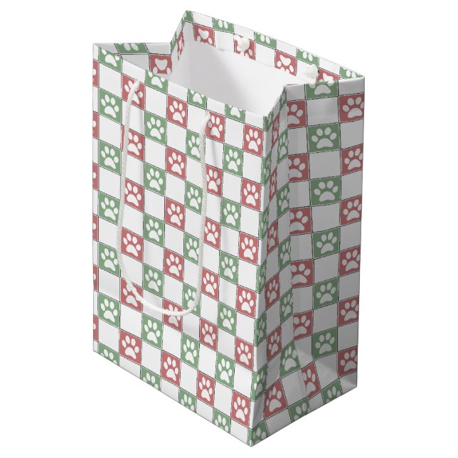 Red and green Christmas Themed Paw print pattern Medium Gift Bag (Front Angled)