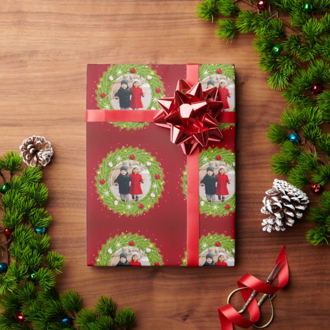Red and Green Christmas Wreath Repeating One Photo Wrapping Paper (Holiday Gift)