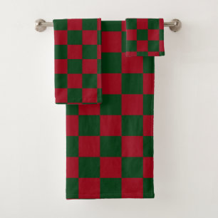 Red and Green Classic Christmas Chequerboard Print Bath Towel Set