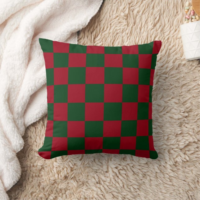 Red and Green Classic Christmas Chequerboard Print Cushion (Blanket)