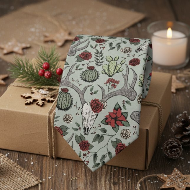 Red and Green Country Christmas Deer Head Antlers Tie (Sage Green Country Christmas Men's Tie. Xmas Reindeer Skull, Antlers, Red Poinsettias, Cacti Pattern)
