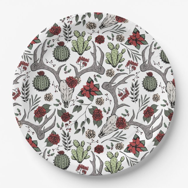 Red and Green Country Cowgirl Christmas Antlers Paper Plate (Front)